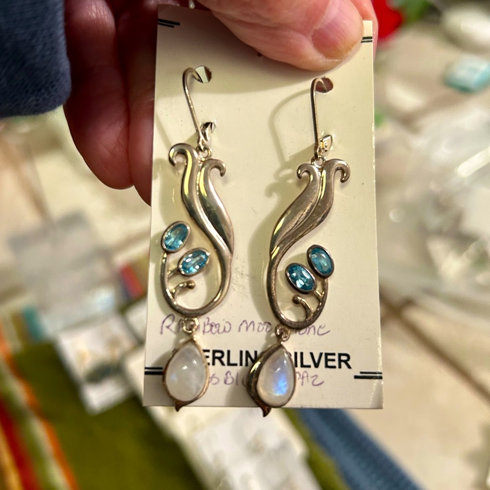 Sterling silver blue topaz and rainbow moonstone earrings